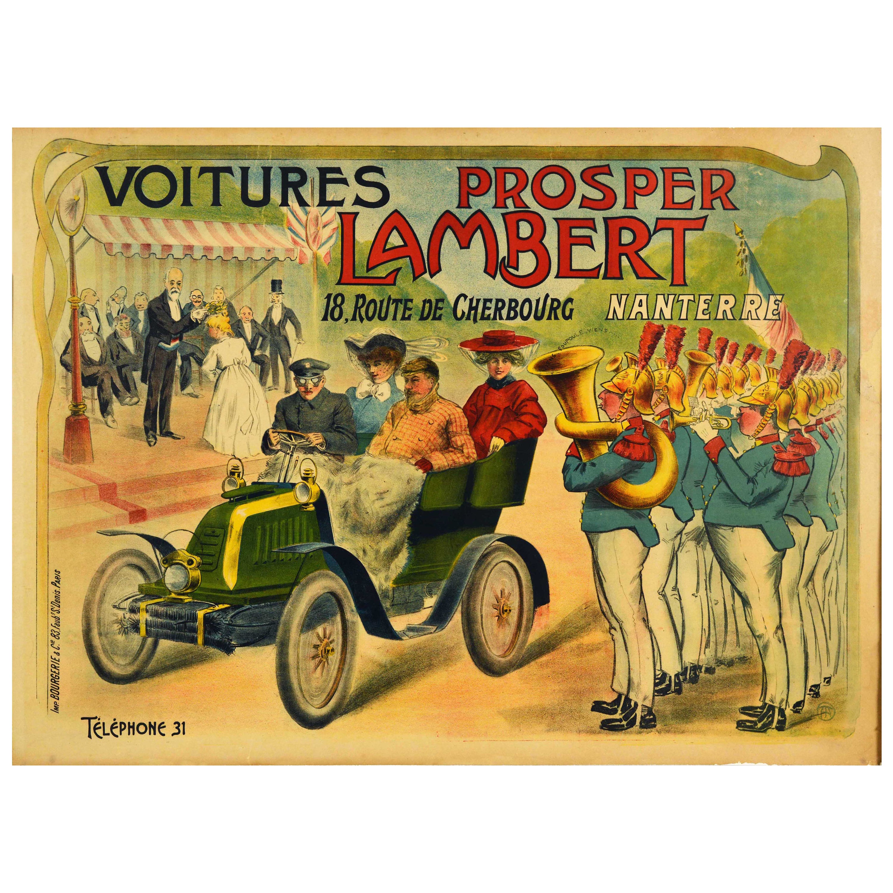 Original Antique Lithograph Poster Voitures Prosper Lambert Cars Automobile Art