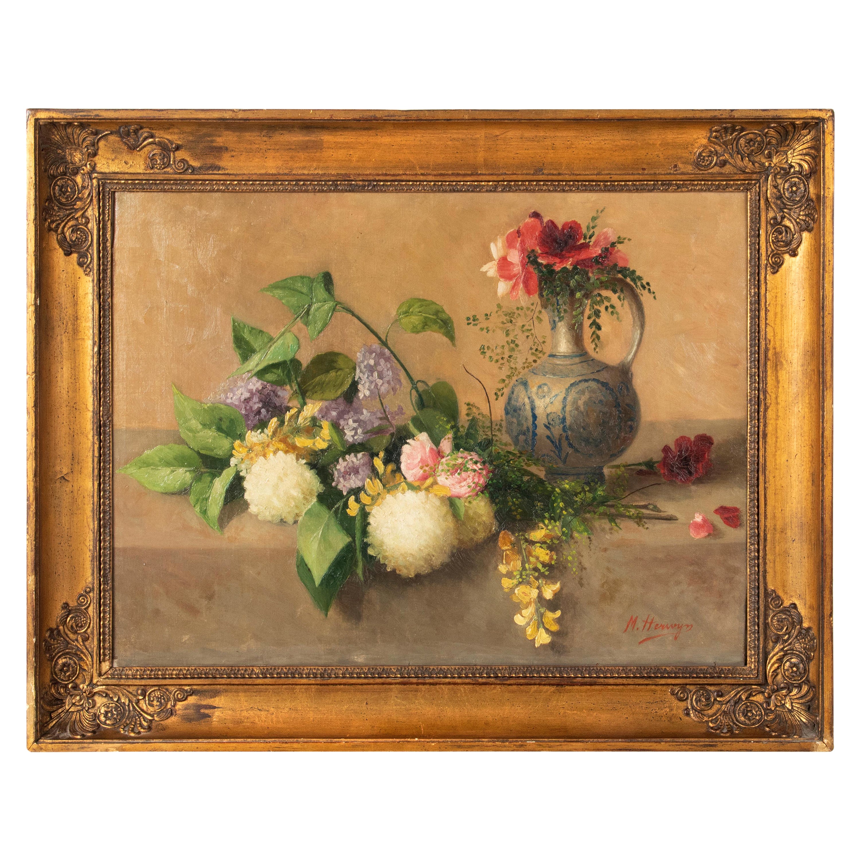 19th Century Flower Still Life Painting Oil on Canvas by M. Herwyn