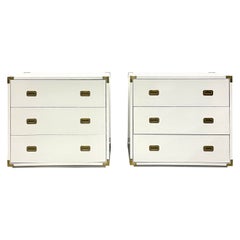 Pair Hollywood Regency Campaign Cabinets, Commodes, Nightstands, White Lacquer