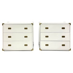 Vintage Pair Hollywood Regency Campaign Cabinets, Commodes, Nightstands, White Lacquer