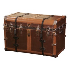 19th Century French Iron and Leather Travel Trunk with Inside Trays
