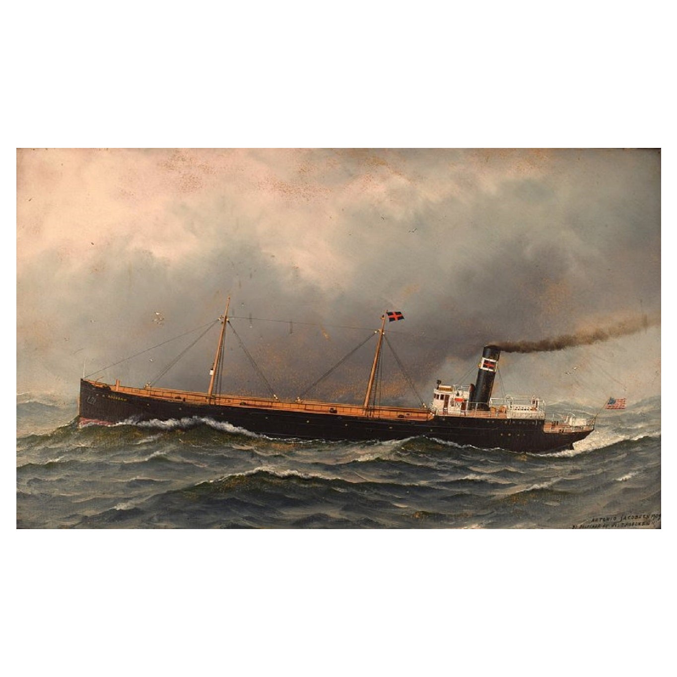 Antonio Jacobsen, Oil on Board, Ship Portrait of Ossabaw, 1909