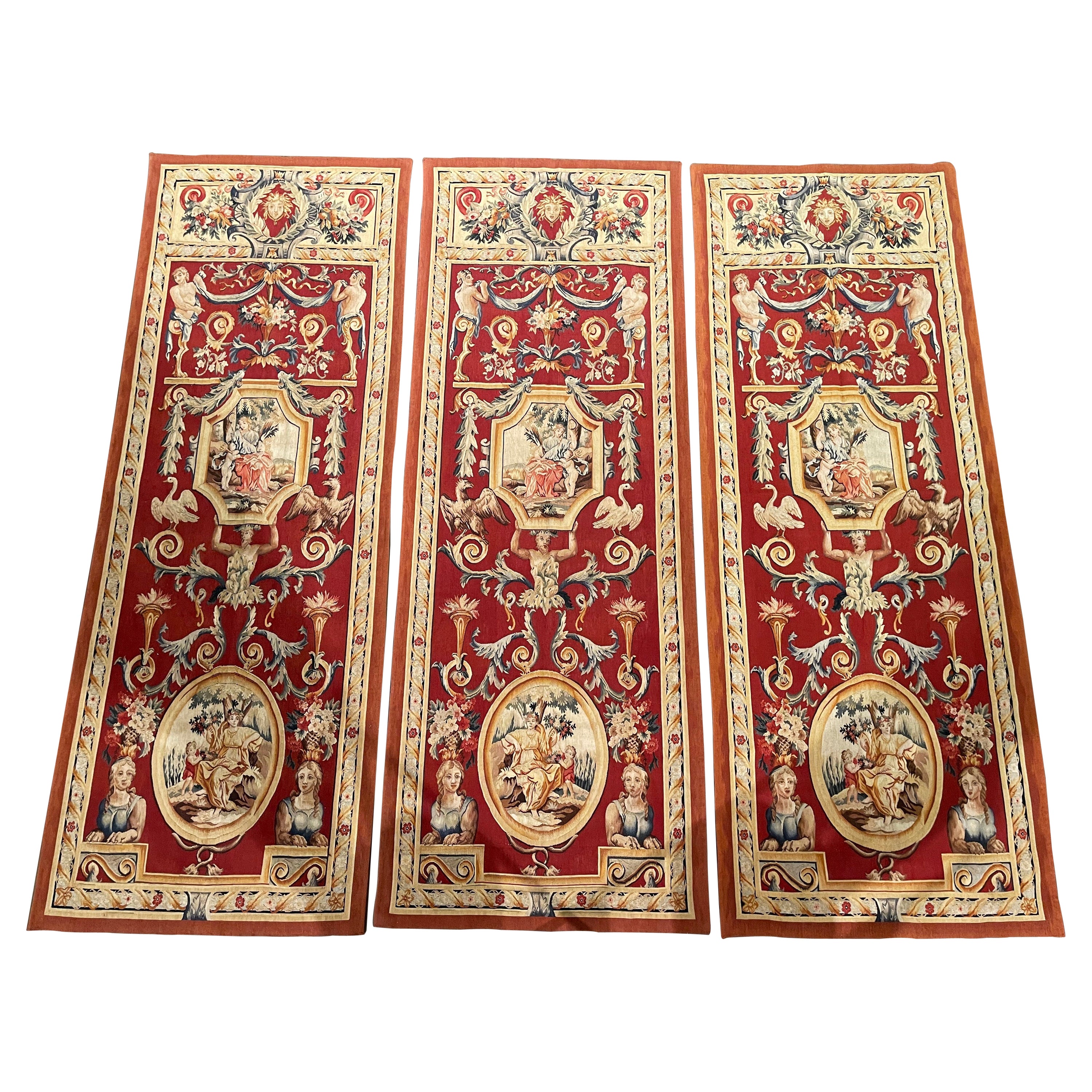 Mid-Century French Neo-Classical Hand Woven Wall Portieres Tapestries-Set of 3 For Sale