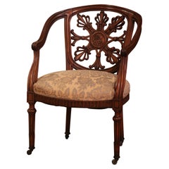 19th Century French Louis XVI Carved Walnut and Silk Desk Armchair on Wheels
