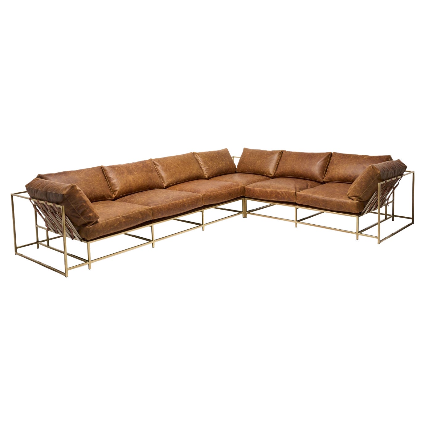 Waxed Tan Leather & Antique Brass Sectional For Sale