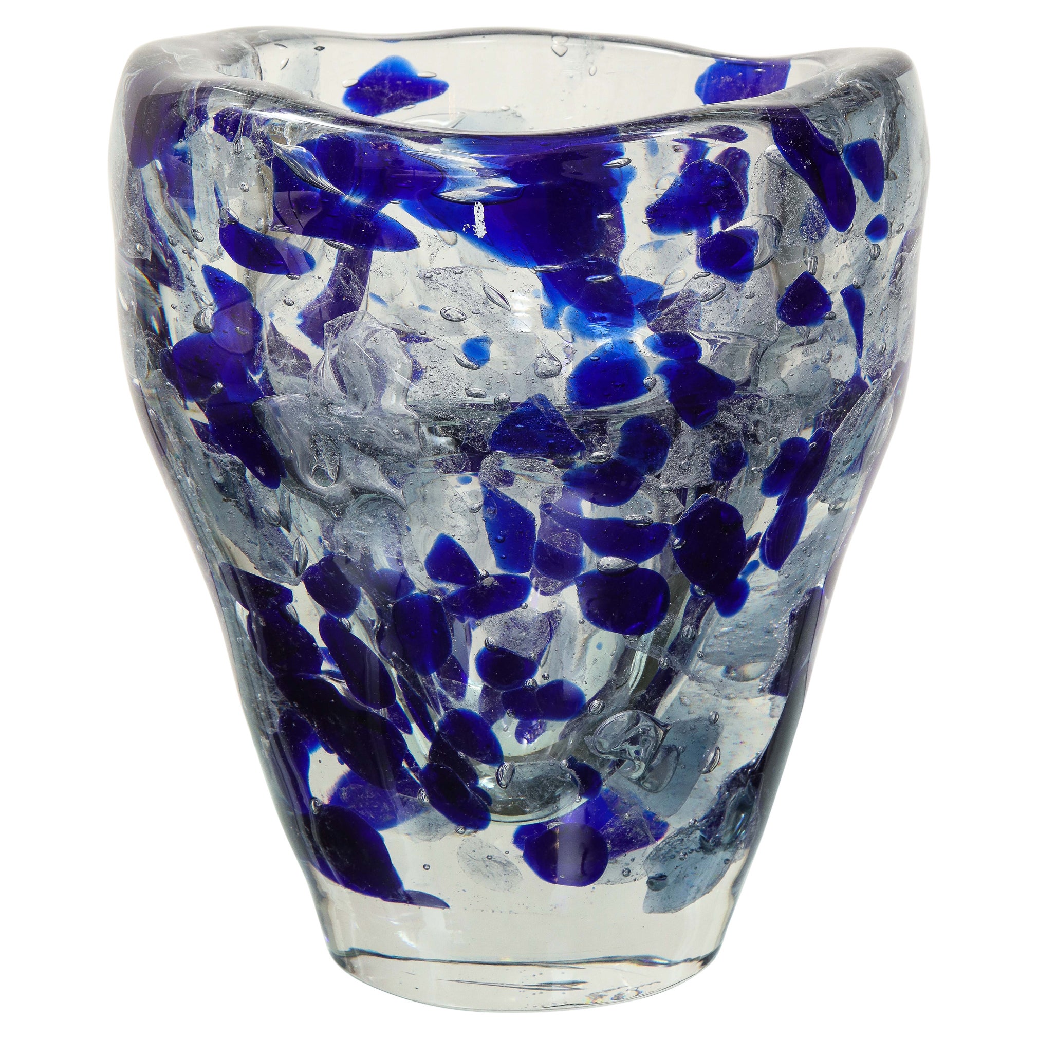Vase Pollock en verre de Murano transparent et bleu royal en vente