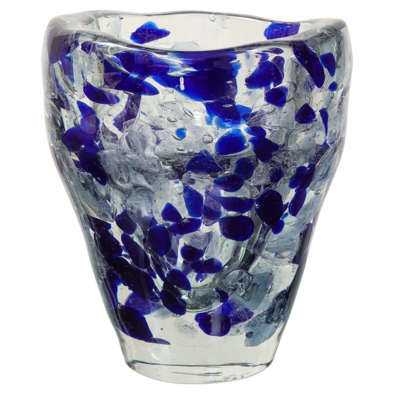 Clear and Royal Blue Murano Glass Pollock Vase For Sale