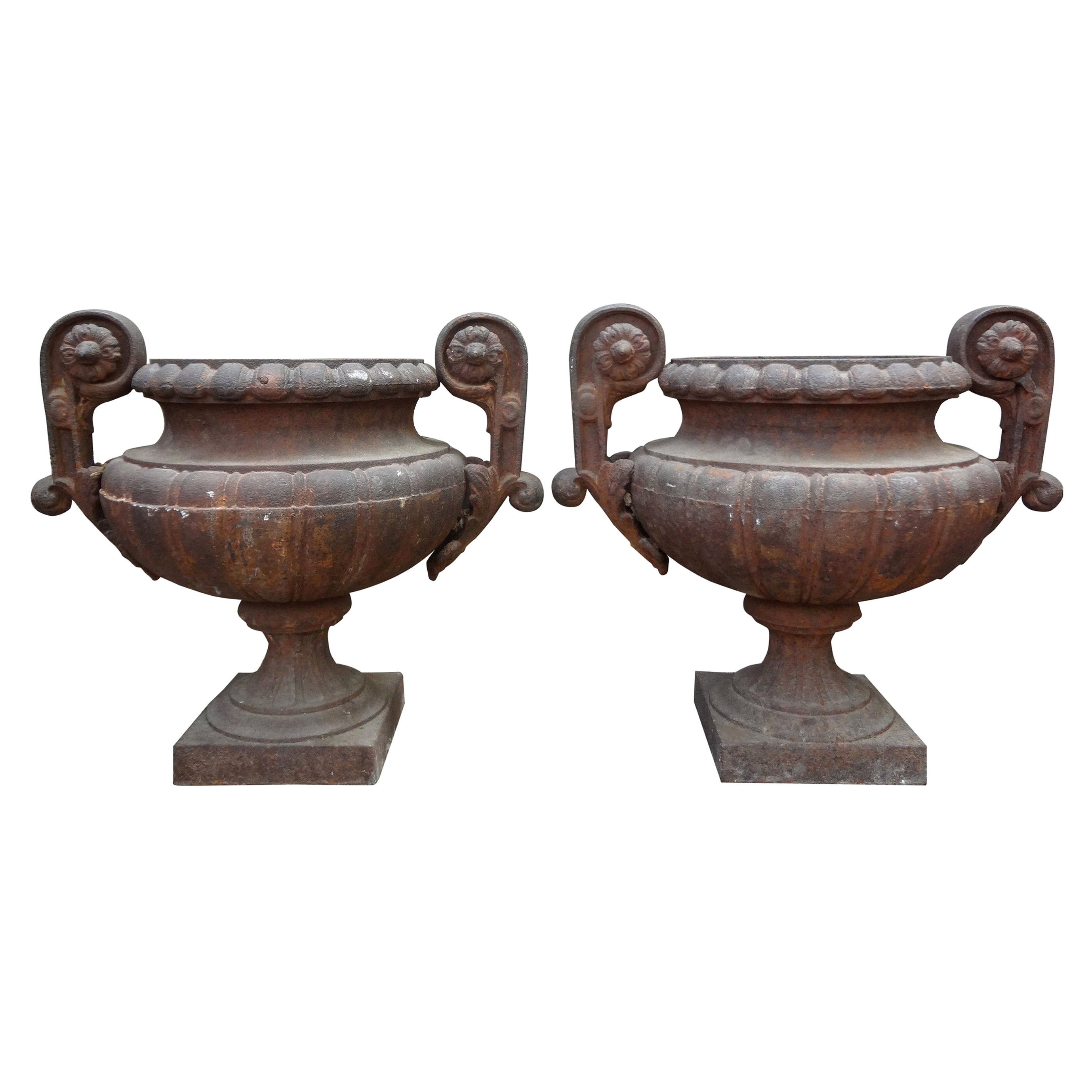 Pair of 19th Century French Cast Iron Garden Urns with Handles