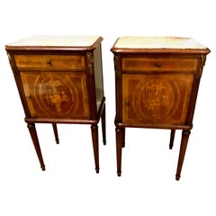 Pair of French Night Stands/Bedside Cabinets, Walnut with Marble Tops, Inlay 