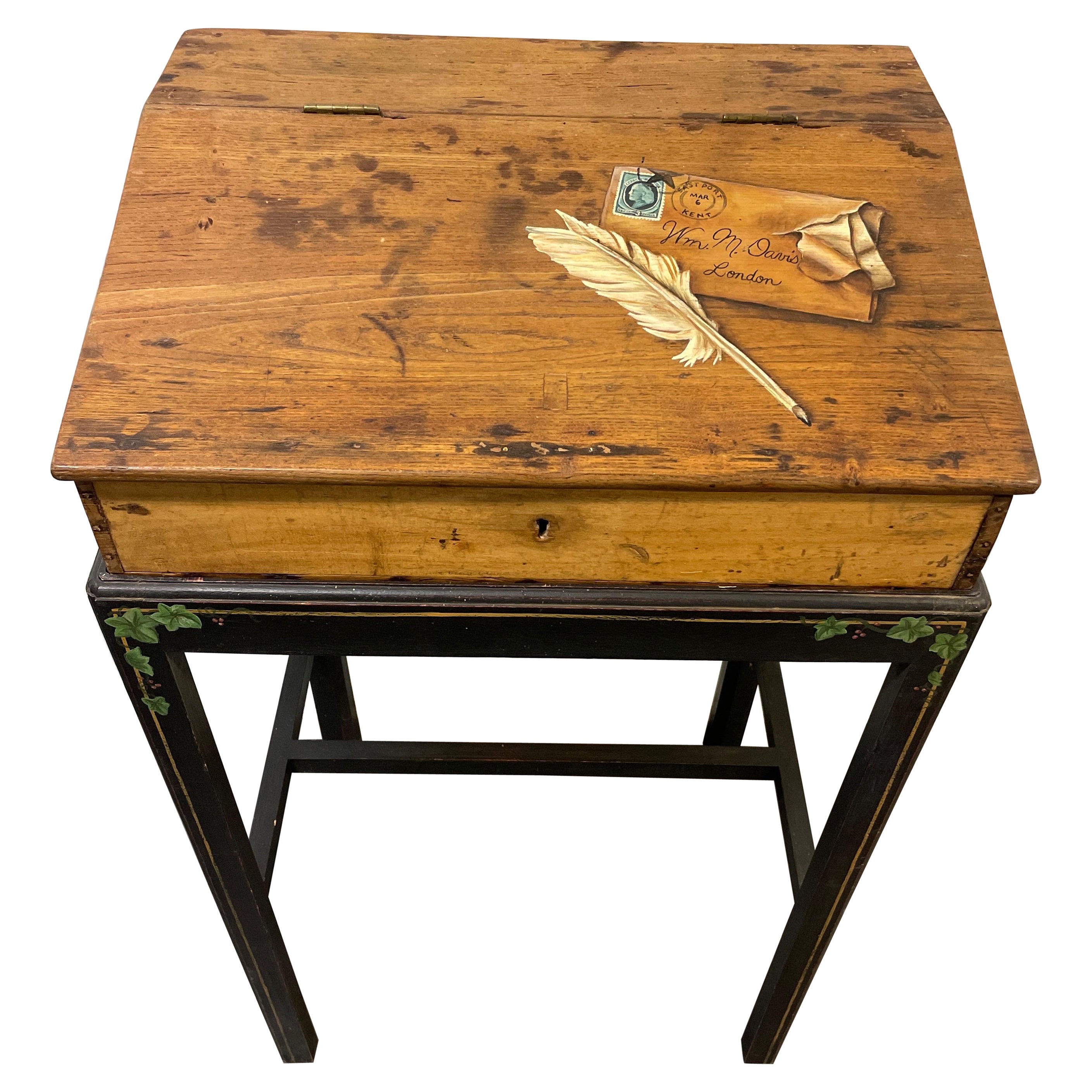 English Trompe I'oeil Painted Lap Desk on Stand For Sale