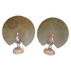 Pair of Antique Anglo-Indian Etched and Polychrome Brass Peacock Figures