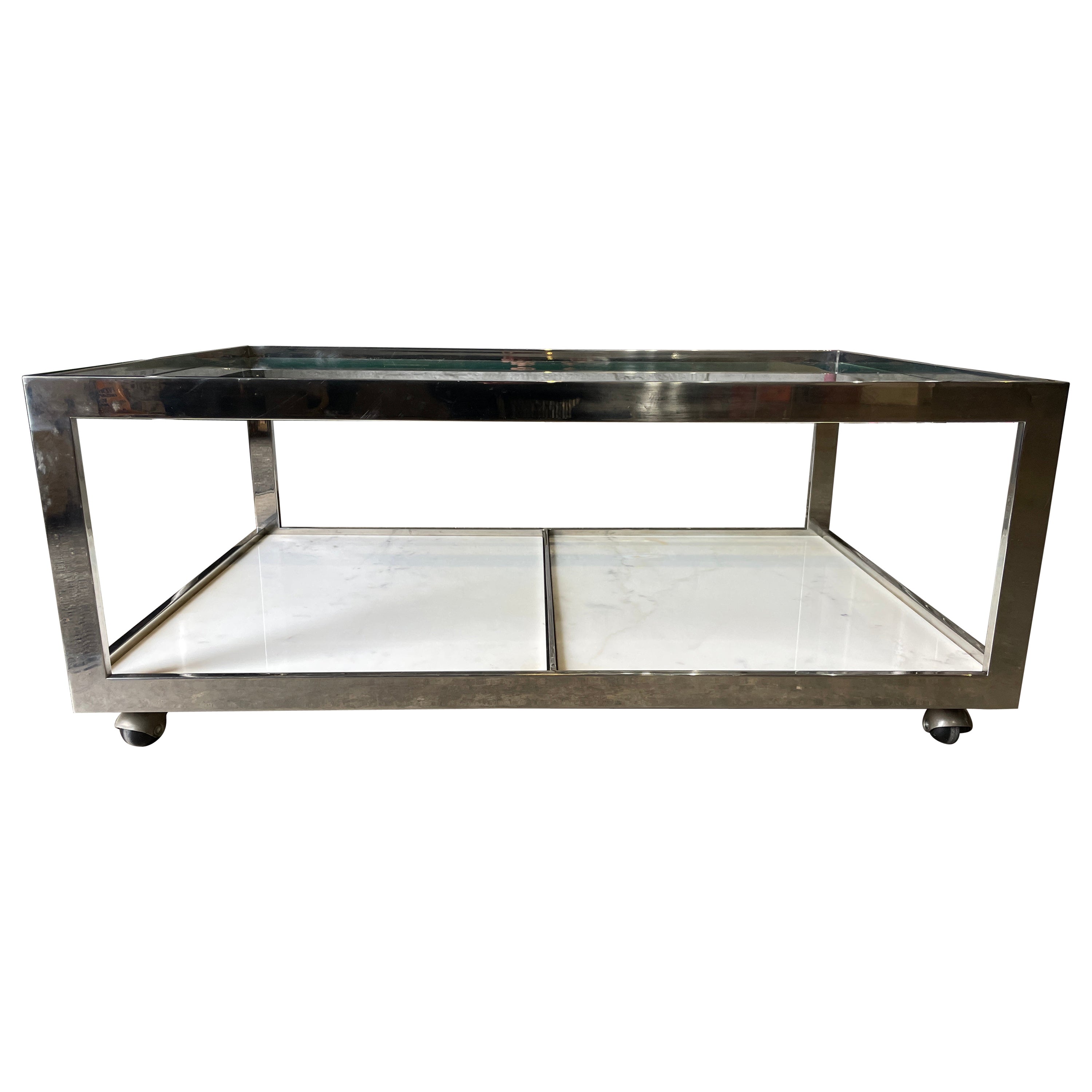 Mid-Century Modern Coffee Table Glass Chrome Marble on Casters  For Sale