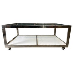 Mid-Century Modern Coffee Table Glass Chrome Marble on Casters 