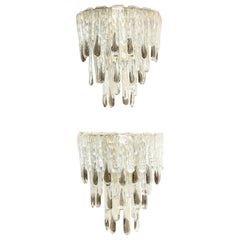 Pair of Large Carlo Nason Clear and Smoked Mazzega Drip Glass Sconces