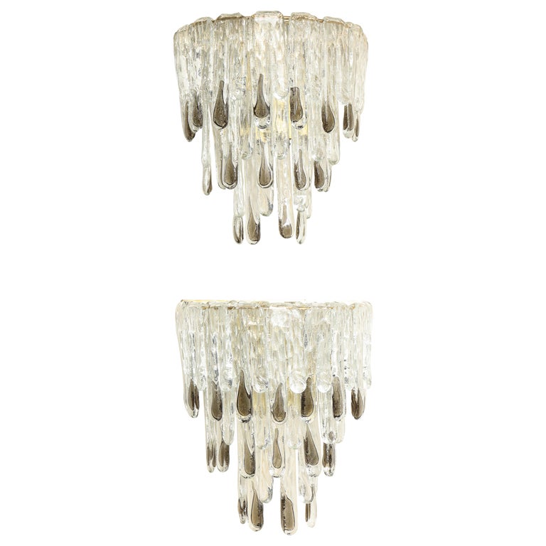 Pair of Large Carlo Nason Clear and Smoked Mazzega Drip Glass Sconces For Sale