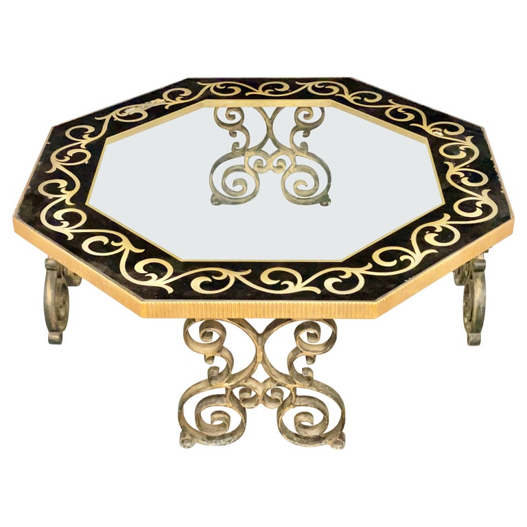 Hollywood Regency Octagonal Eglomise Glass & Iron Cocktail Table For Sale