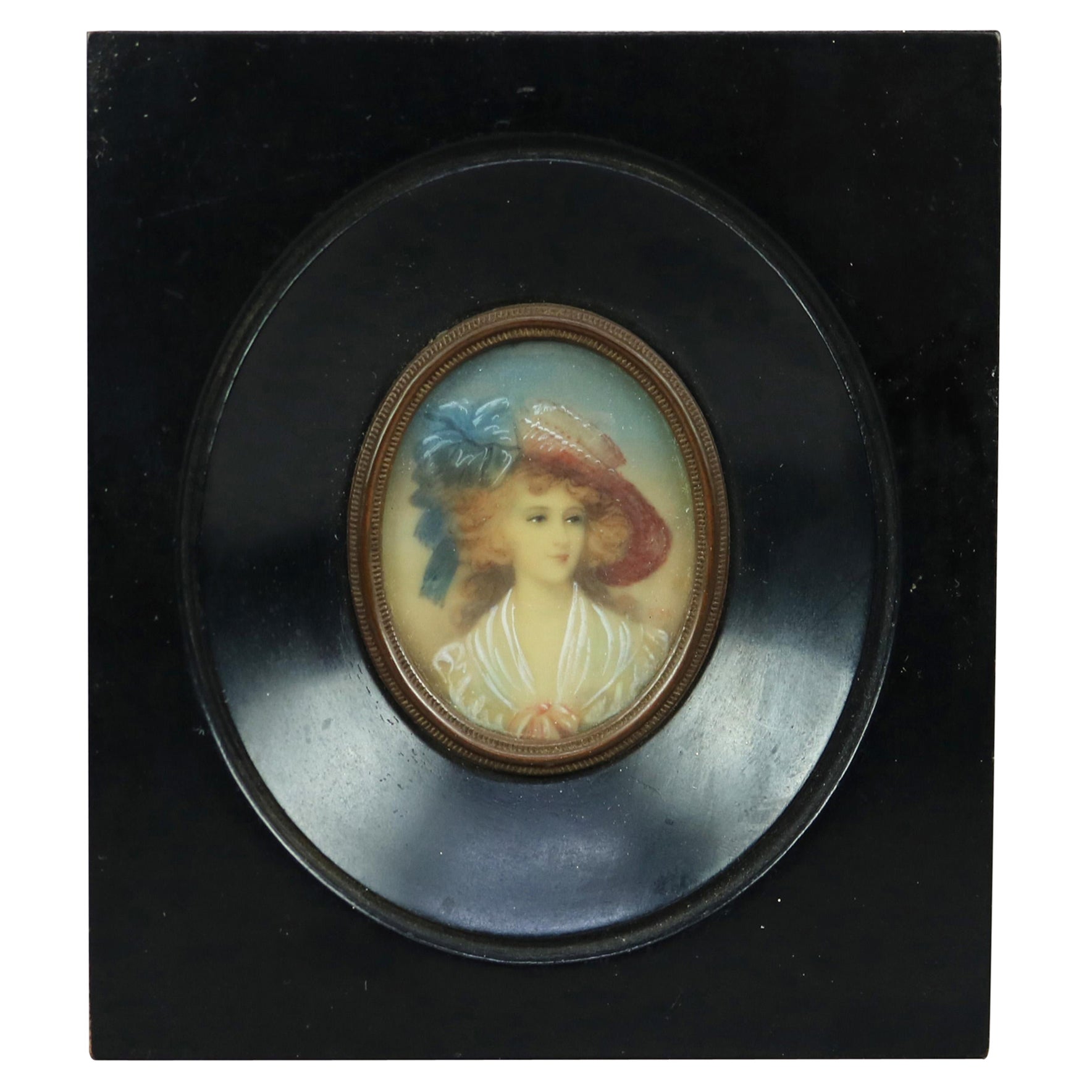 Peinture de portrait miniature ancienne sur celluloïd d'une jeune femme, fin du 19ème siècle en vente