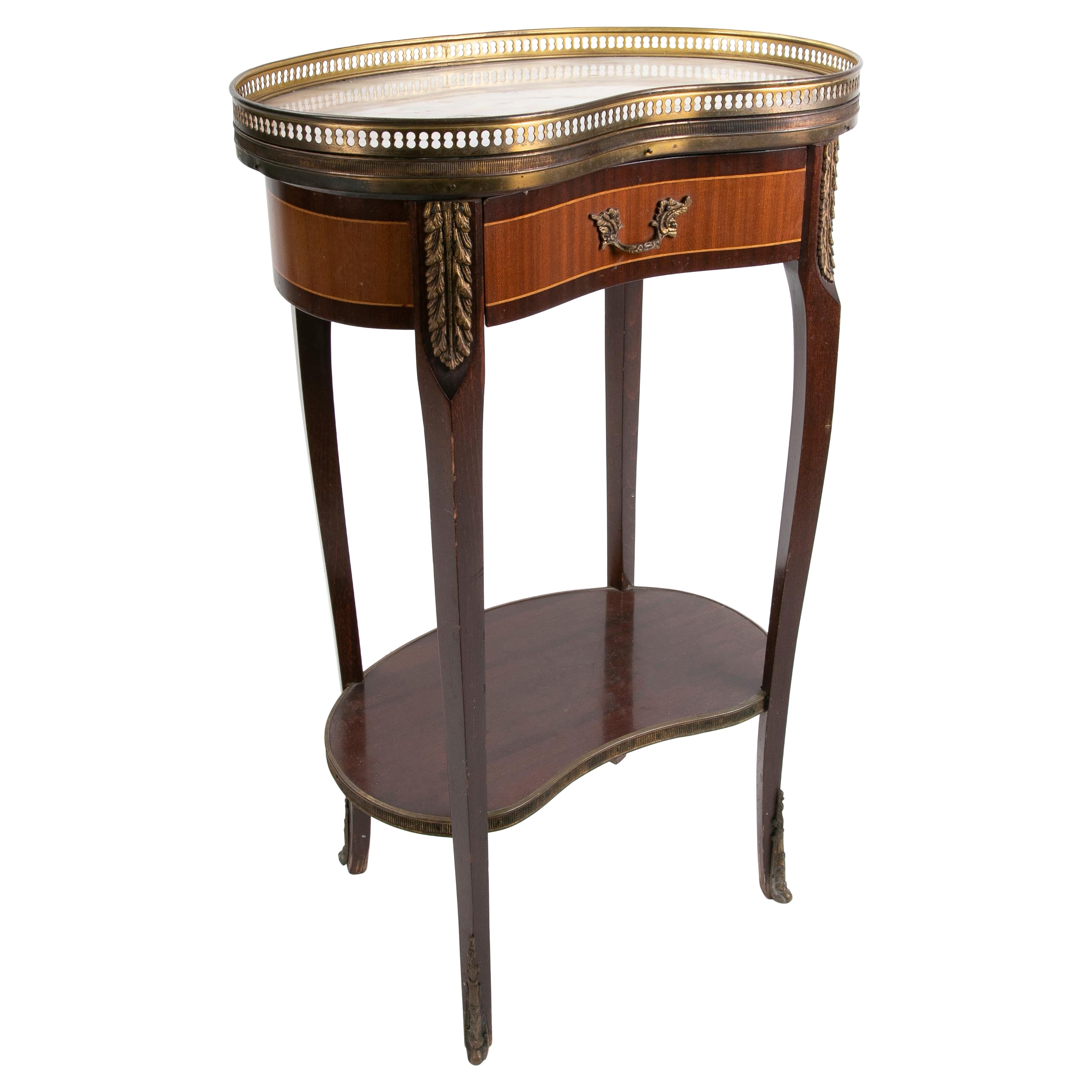 Wooden Side Table with Marble Top and Bronze Decorations For Sale