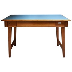  Italian Manufacture, 1960 writing desk in Wood and Light Blue Formica Top