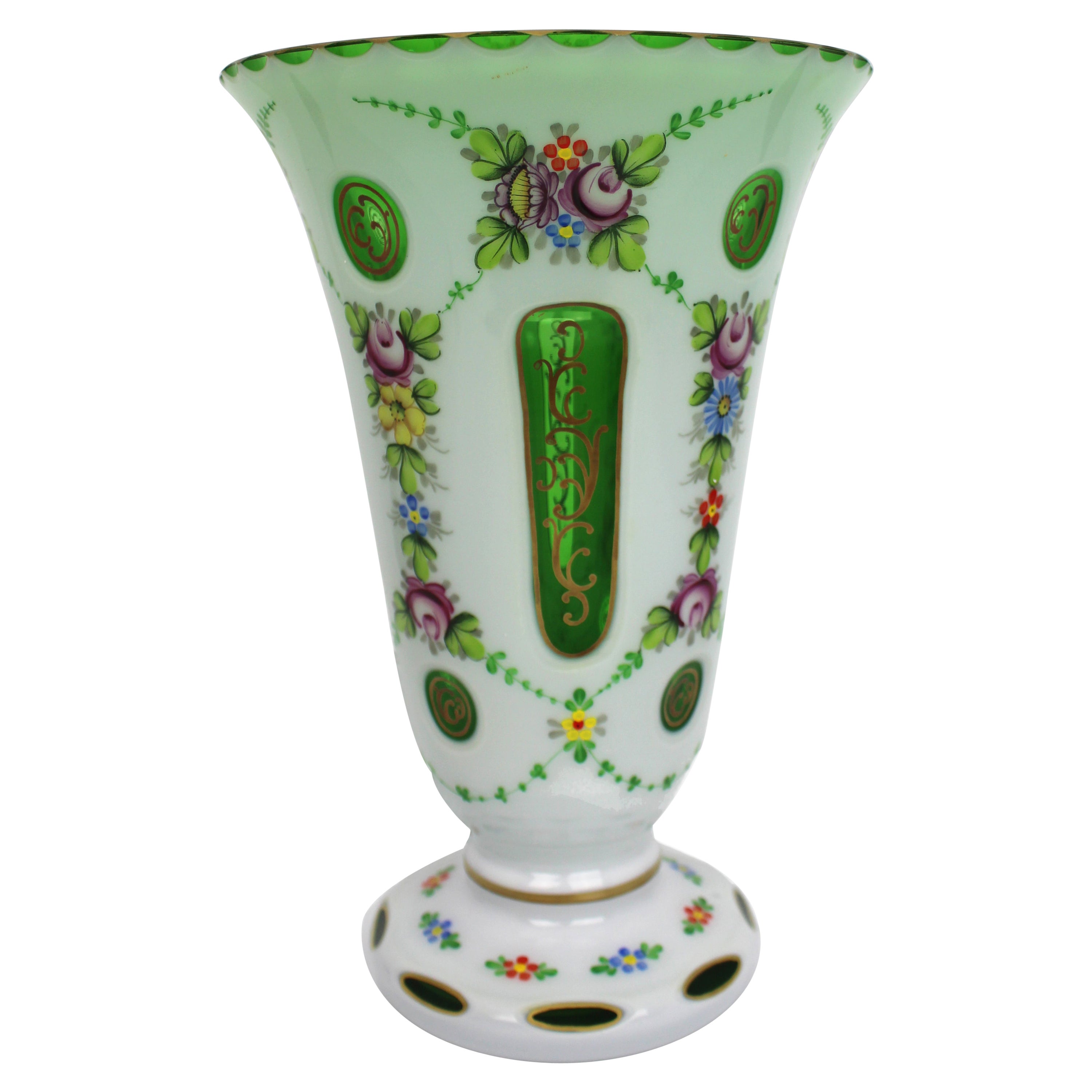 Victorian Bohemian Hand Painted Overlay Glass Vase For Sale