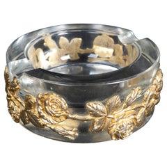 1980s Solid Glass Ashtray with Bronze Flowers Decoration