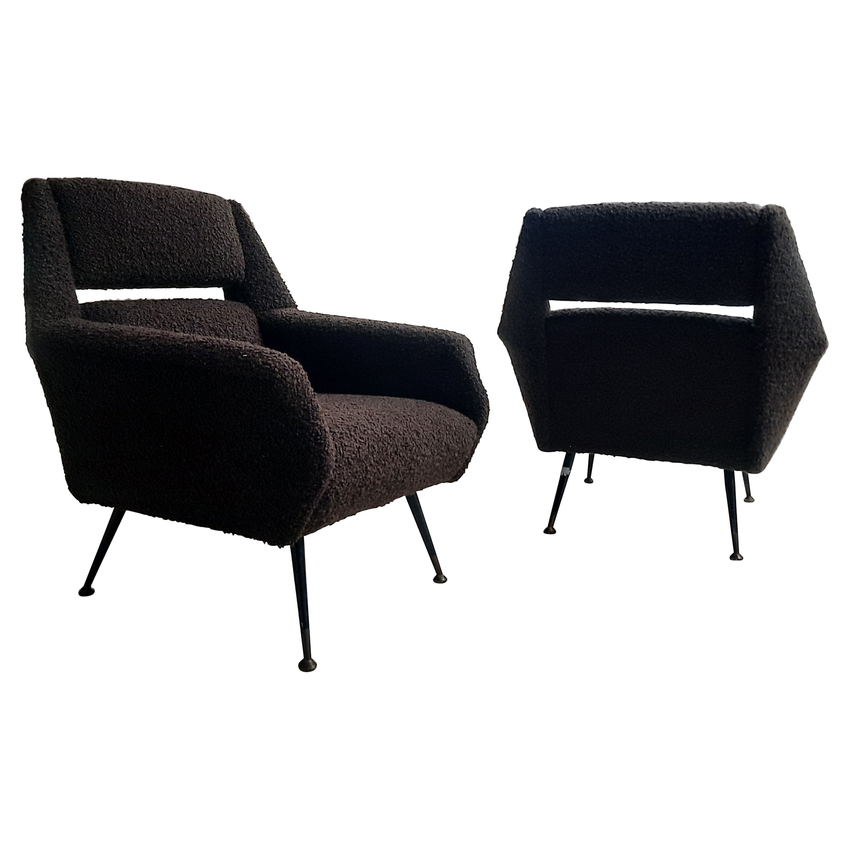 Pair of Italian Armchairs 1950, Reupholstered in Chocolate Bouclé