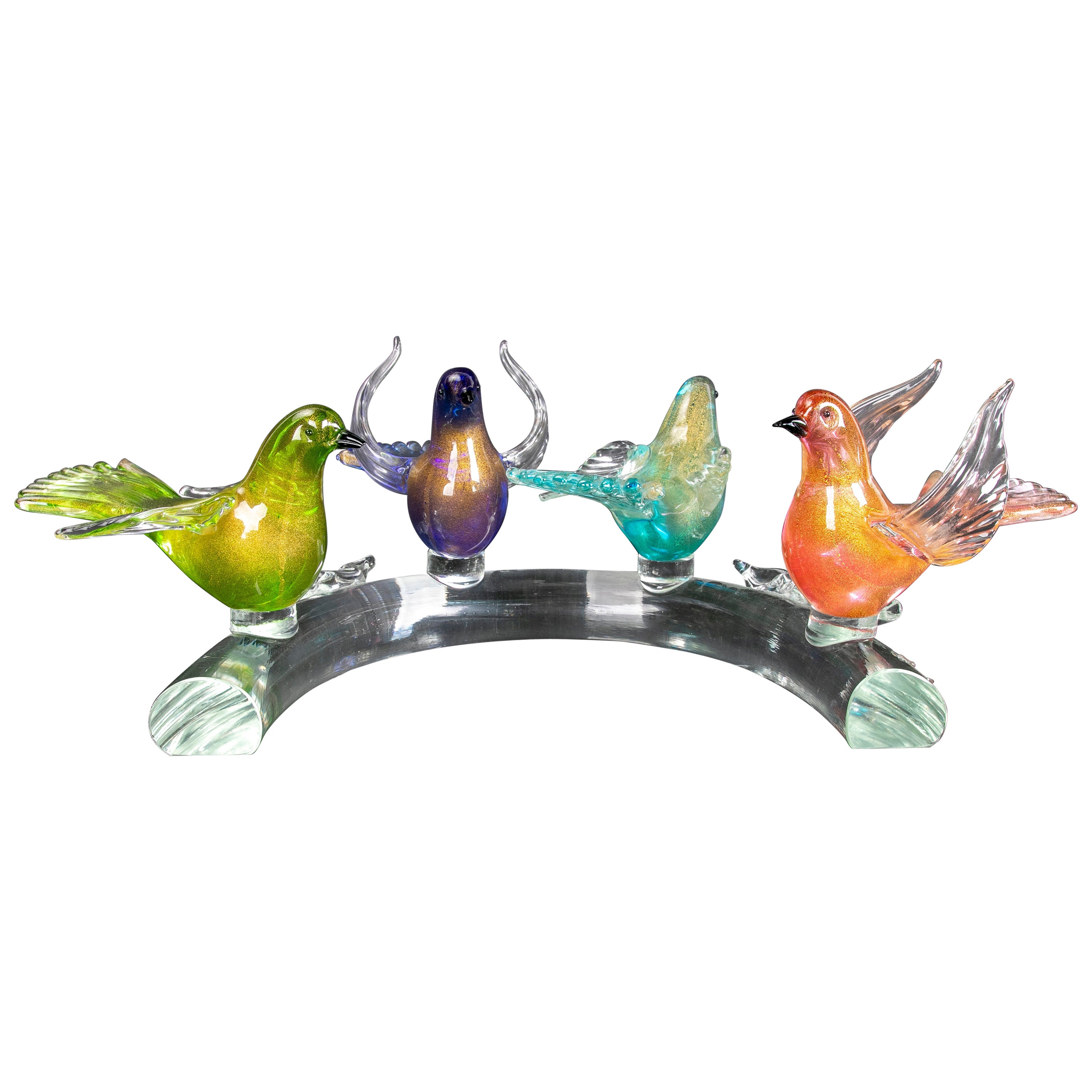 Sculpture italienne des années 1980 de quatre oiseaux sur une branche de verre de Murano