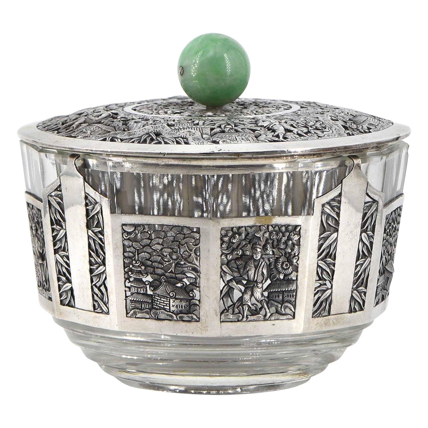 1920s Chinese Silver Plate & Jade Lidded Bowl