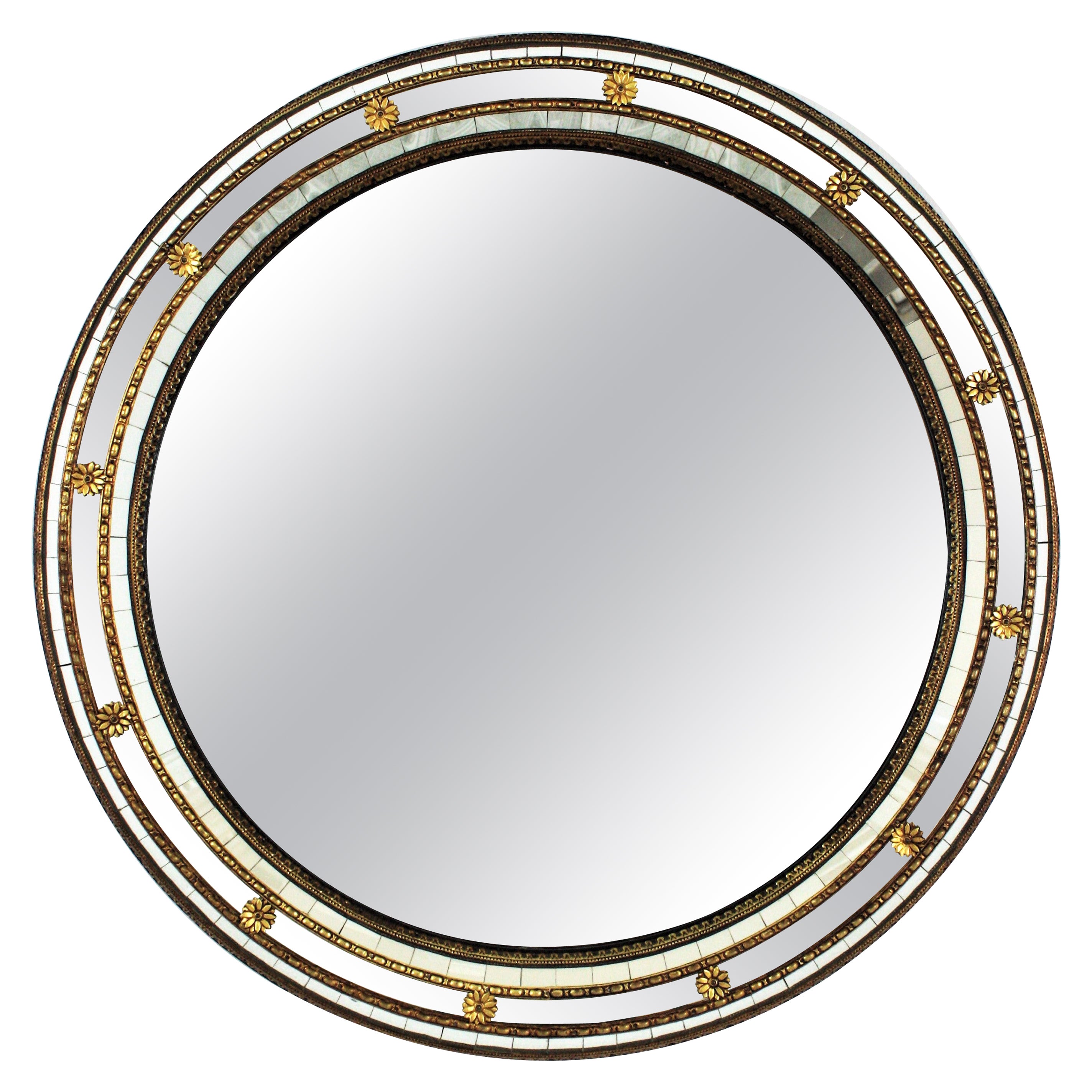 Venetian Style Round Mirror with Brass Details For Sale