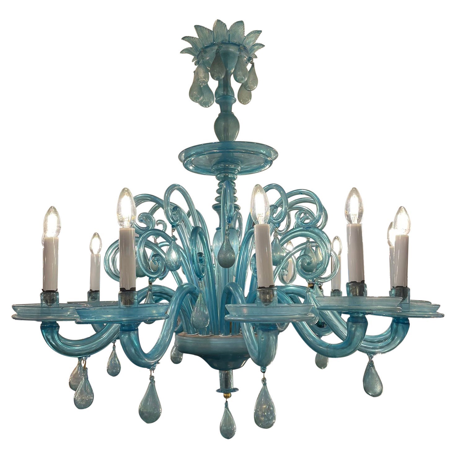 Turquoise Murano Glass Chandelier, Italy 1920s For Sale