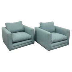 Pair Teal Milo Baughman Style Mid-Century Modern Lounge Chairs, Swivel, Square
