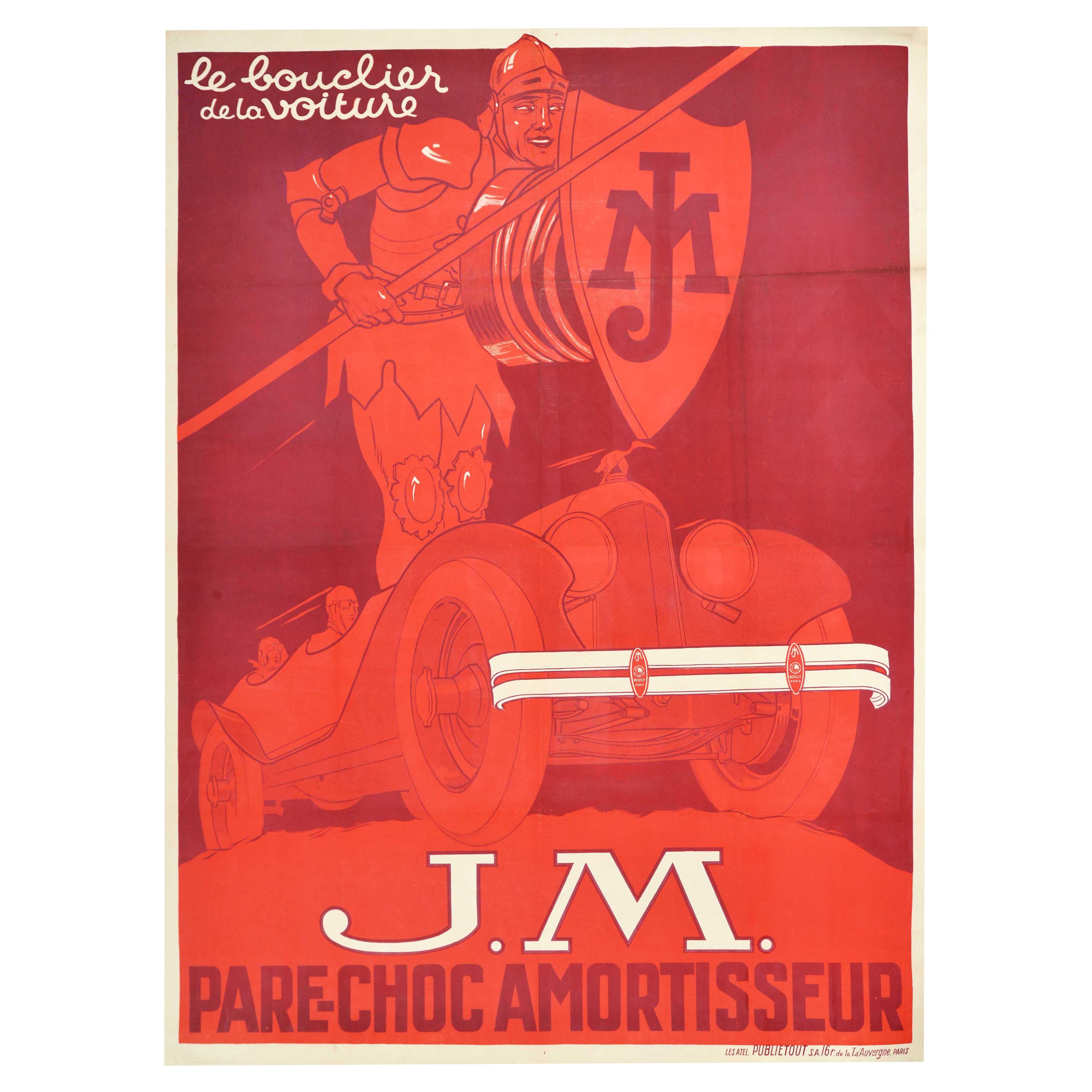 Original Antique French Advertising Poster JM Shock Absorbers Automobile Art For Sale