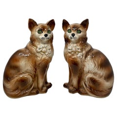 Pair Antique Scottish Bo'ness Pottery Tabby Cats with Green Glass Eyes, c. 1880