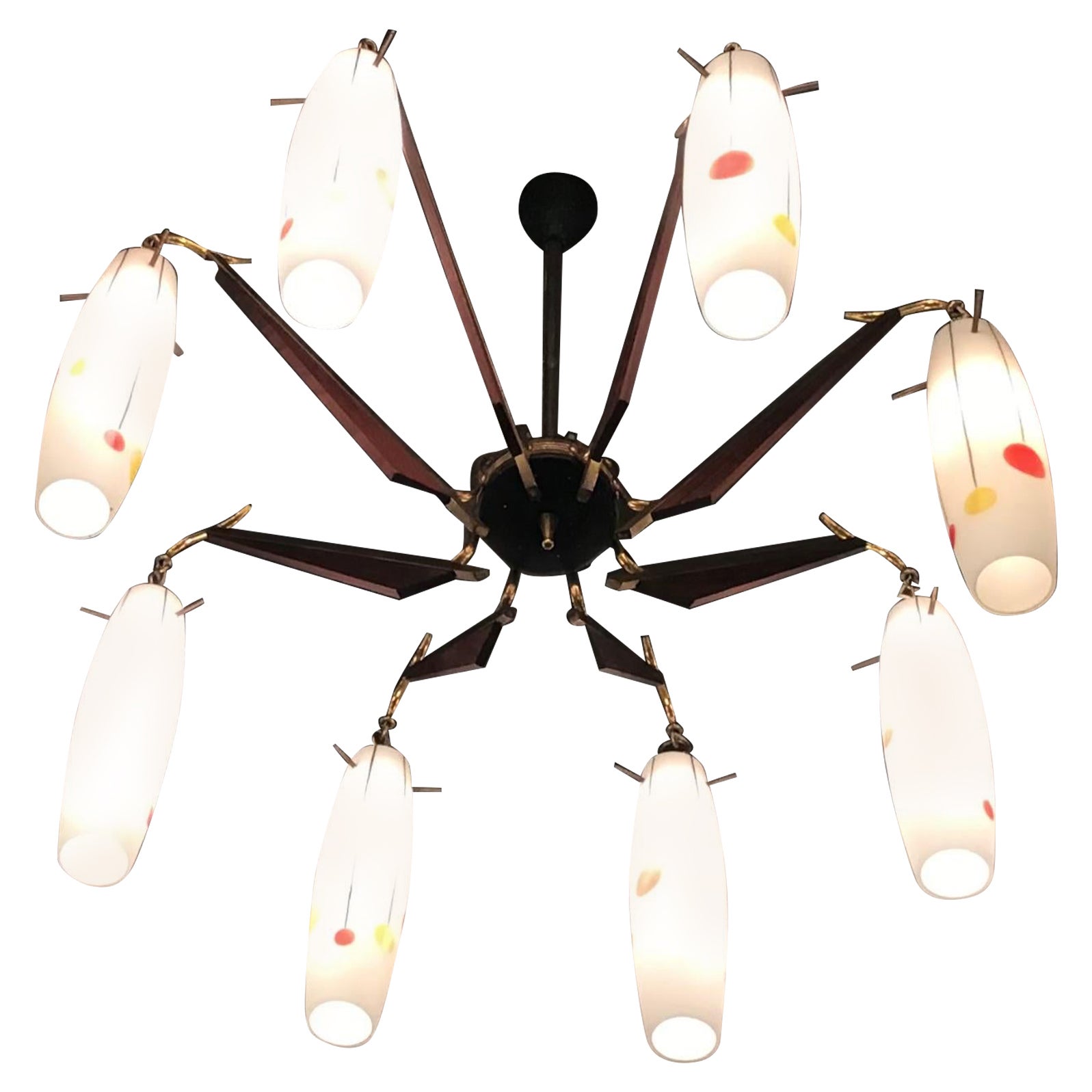 Stilnovo Chandelier Brass Wood Opaline Glass 1955 Italy For Sale