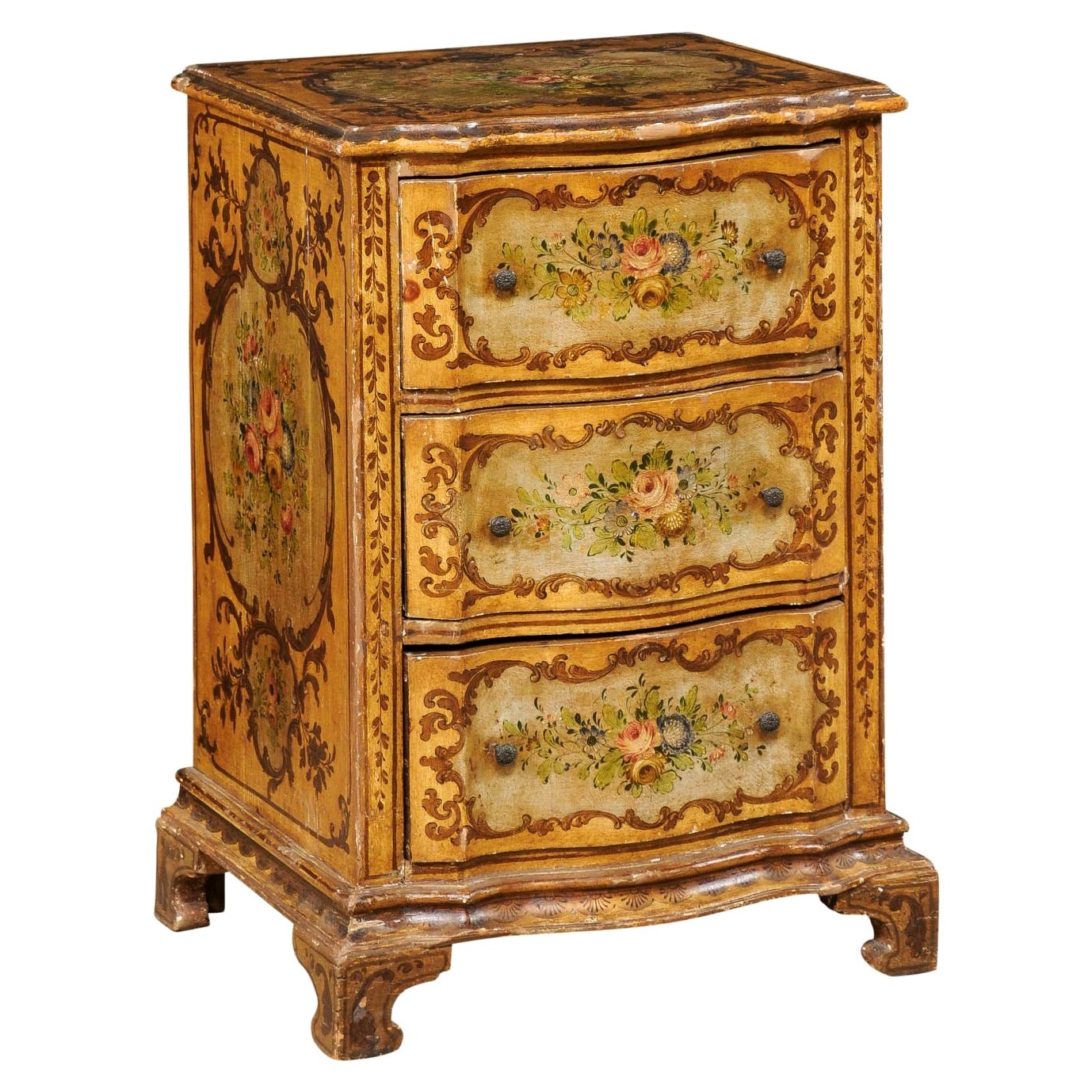 Italian 19th C. Petite Serpentine Chest with Hand-Painted Floral Embellishments For Sale