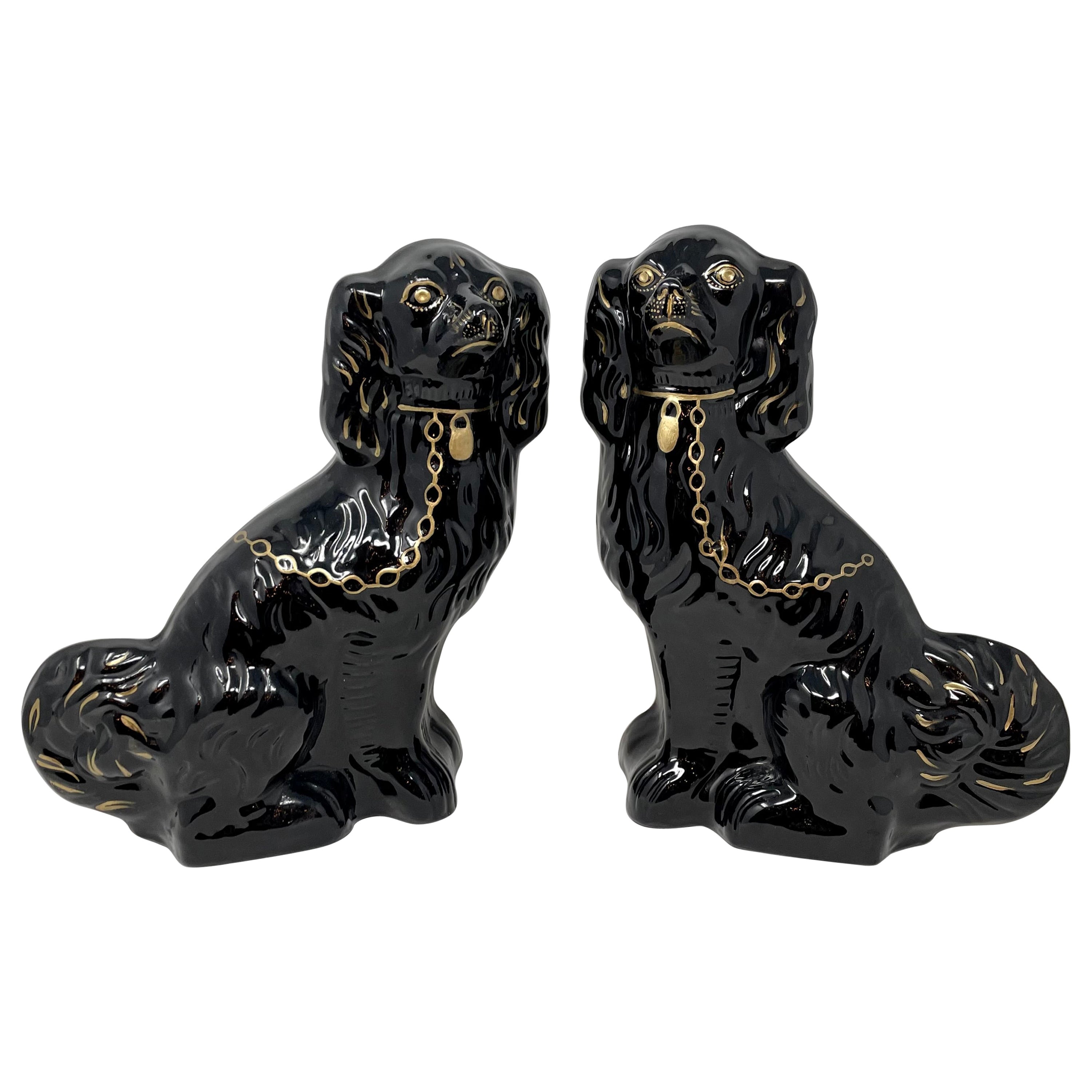 Pair Antique 1860's English Jackfield Black Porcelain Staffordshire Spaniel Dogs