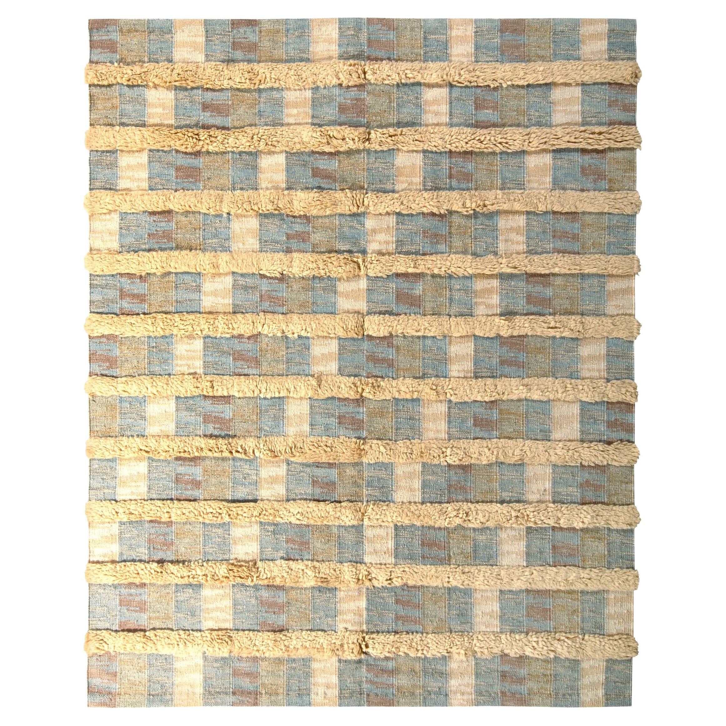 Teppich & Kelim-Teppich im skandinavischen Stil, gestreifter Hoch-Low-Beige-Blau-Muster