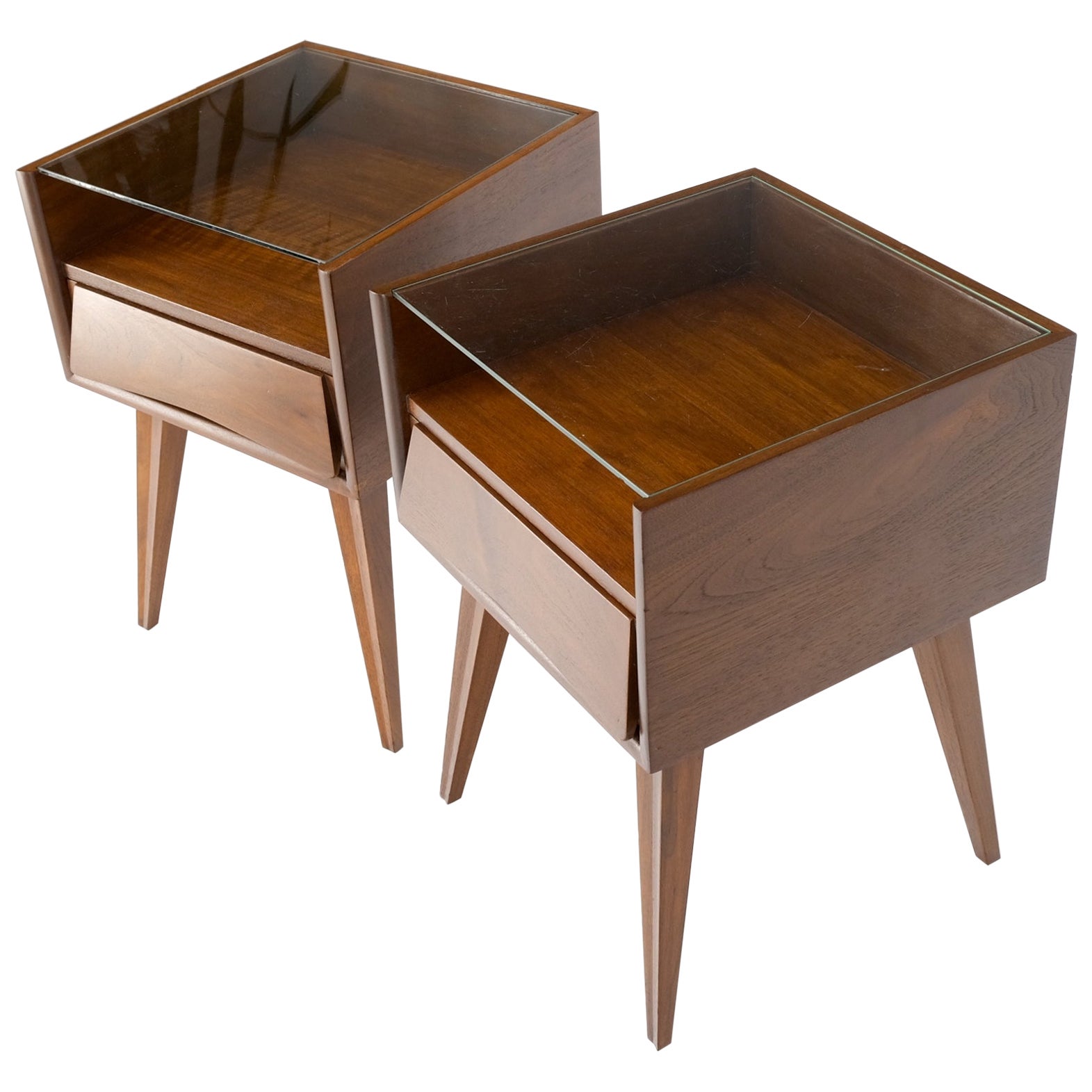 Pair Swedish Mid Century Modern Glass Top Cube Shape End Side Tables NightStands