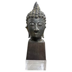 Antique Bronze Thai Siam Asian Temple Shrine Buddha Head Bust Fragment Custom Wood Stand
