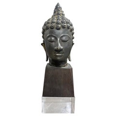 Bronze Thai Siam Asian Temple Shrine Buddha Head Bust Fragment Custom Wood Stand