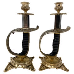 Antique 19th Century Brass Swords Converted into Candle Sticks, Circa 1860-1870