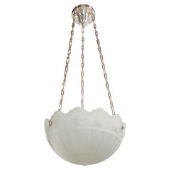Used Cast White Glass Dish Pendant Light w Silver Plated Chain