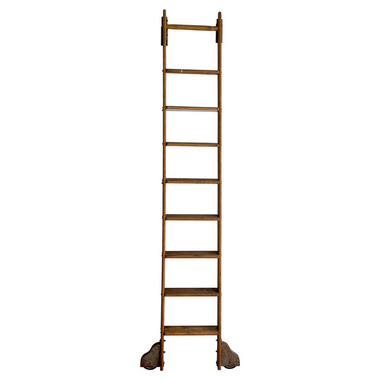 Industrial Rolling Oak Library Ladder by Putnam For Sale at 1stDibs