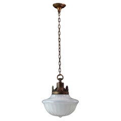 Ornate Bronze Pendant Light W/ Fluted Milk Glass Globe