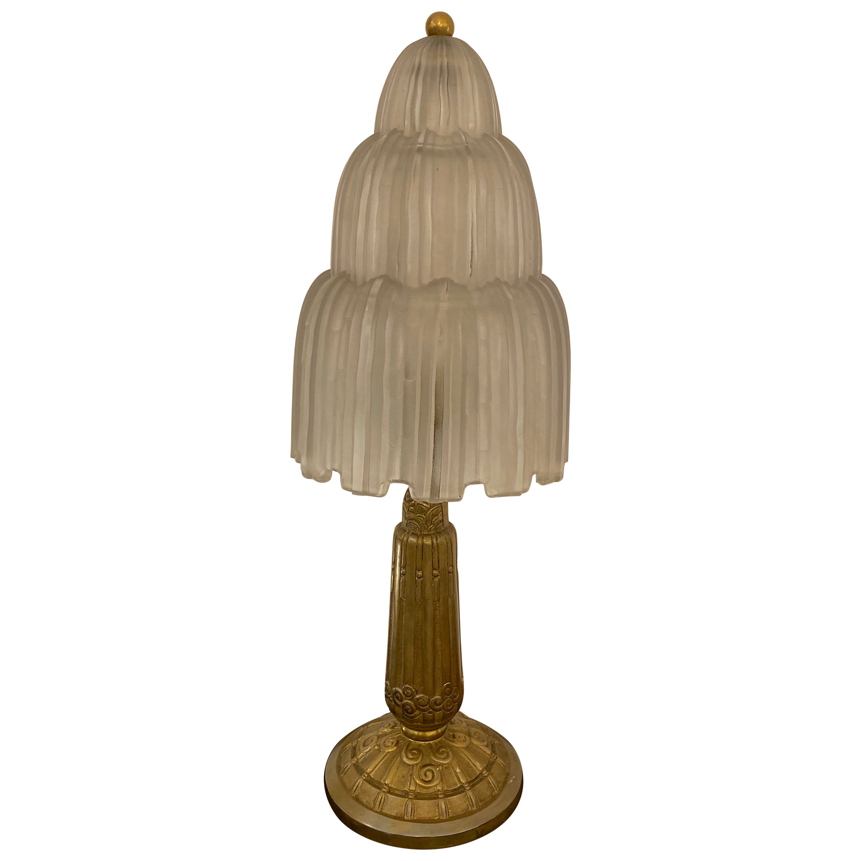 French Art Deco "Waterfall" Table Lamp Signed by Sabino For Sale