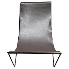 Modern Studio Sling Recliner Low Lounge Chair Brown Leather on Black Iron Frame