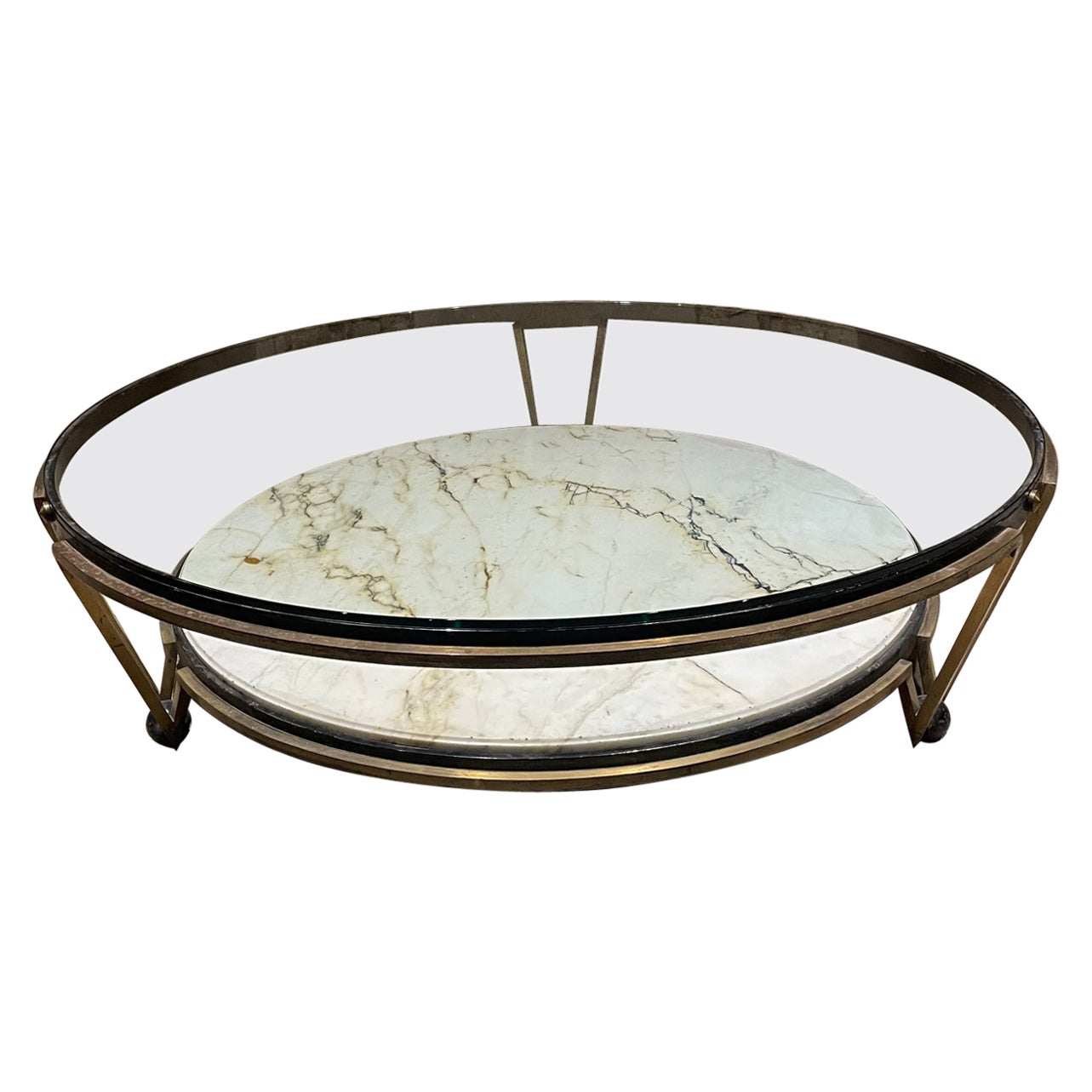 Mexico 1960s Spectacular Round Cocktail Table Tiered Bronze Marble Arturo Pani