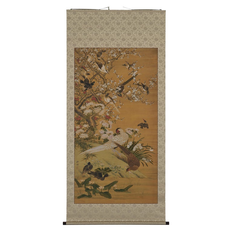 19th Century Japanese Scroll Painting, Birds and Flowers of the Four Seasons  For Sale at 1stDibs
