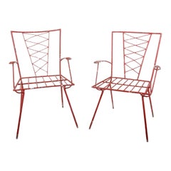 Retro 1970s Spanish Pair of Red Painted Iron Chairs