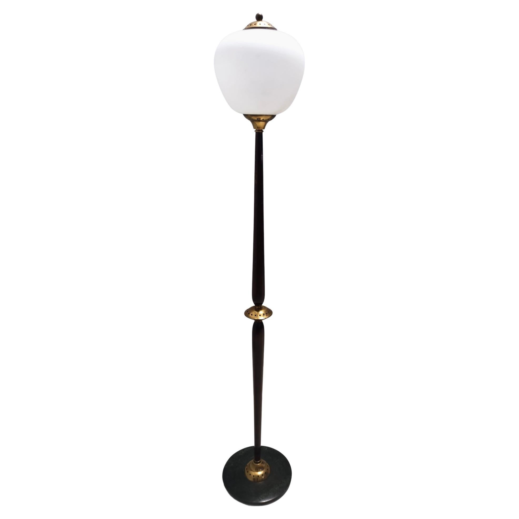 Vintage Opaline Glass, Beech and Brass Floor Lamp with Marble Base, Italy For Sale